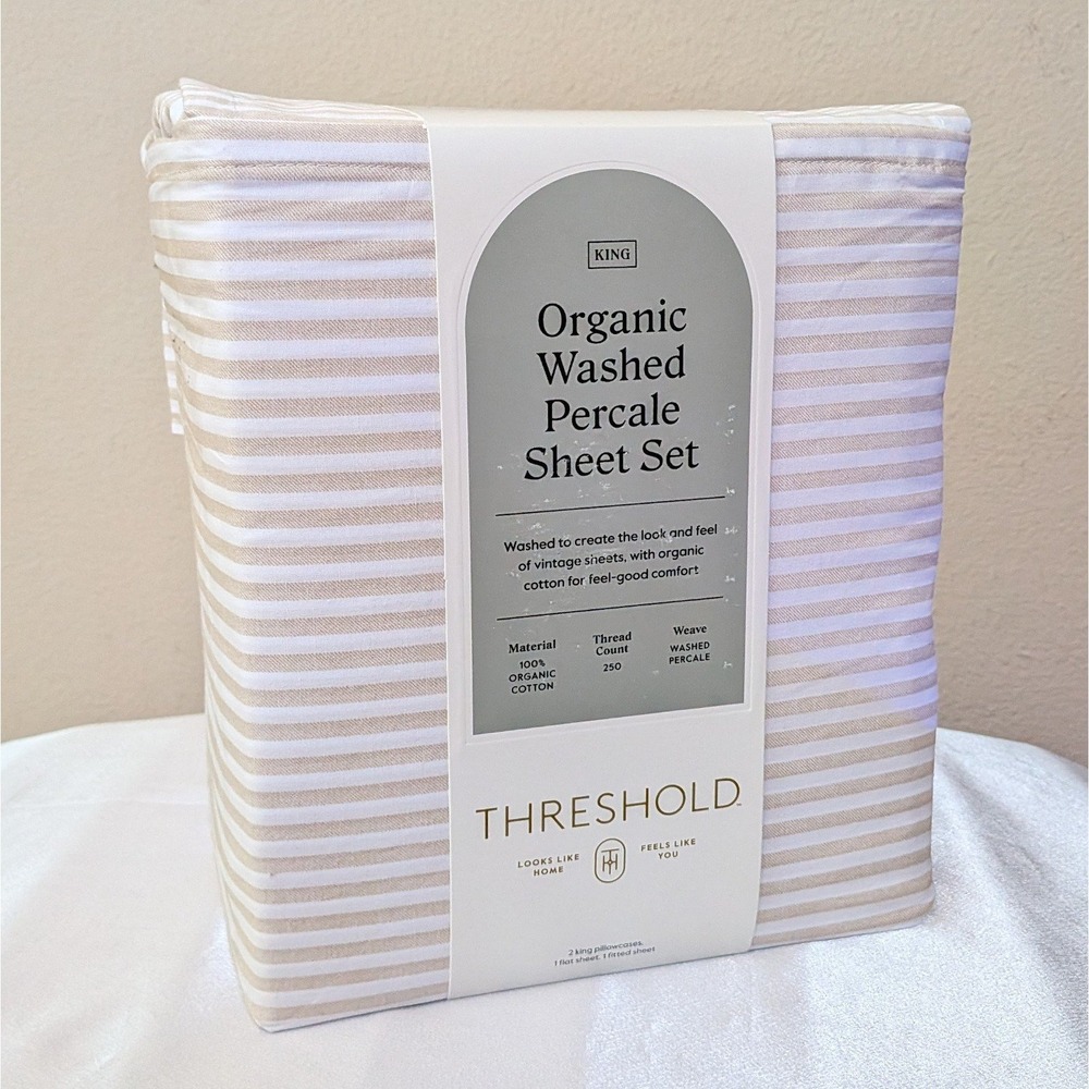 New Threshold Organic Cotton Washed Percale Sheets Set Khaki White Stripes King